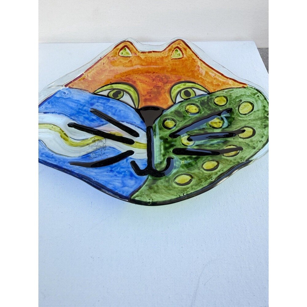 Vintage Joyce Shelton Cats Meow Fused Art Glass Trinket Dish